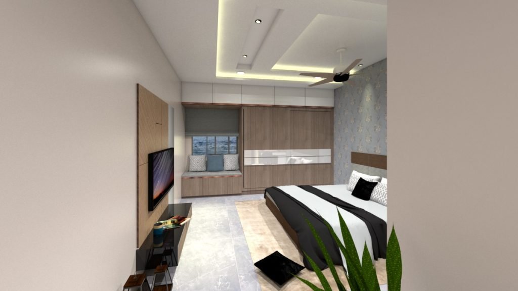 A modern bedroom with a TV and neatly arranged furniture.
