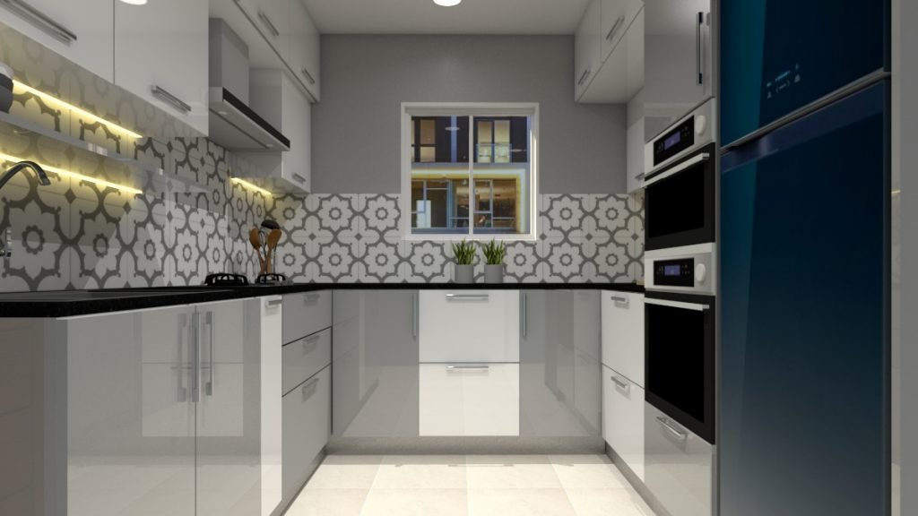 A contemporary modular kitchen featuring cabinets, drawers, and appliances
