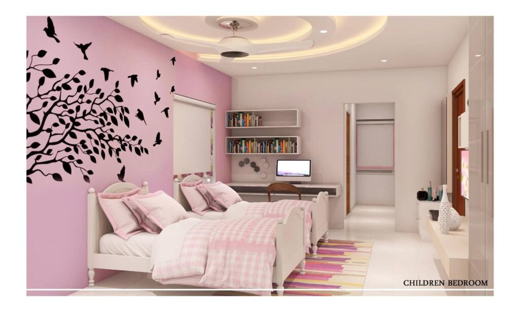 A colorful children's bedroom with a comfortable bed and furniture