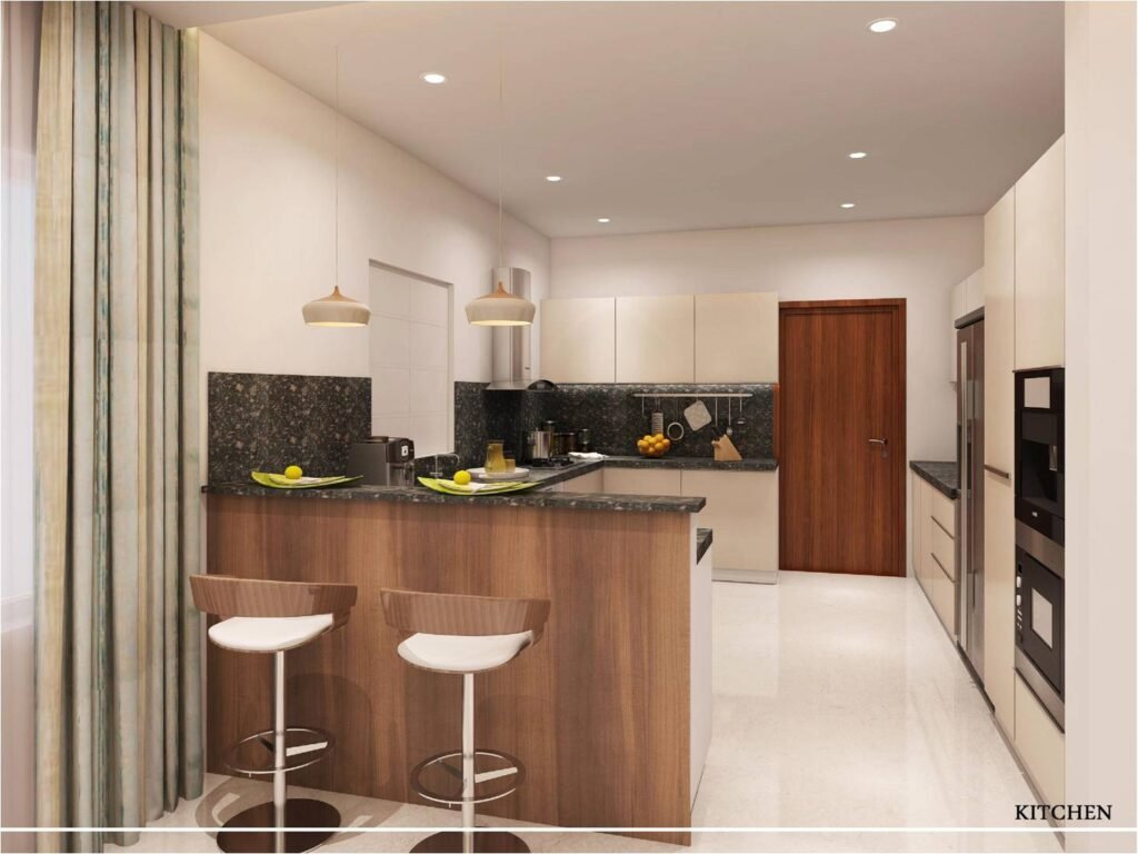 A modern kitchen with cabinets and countertops