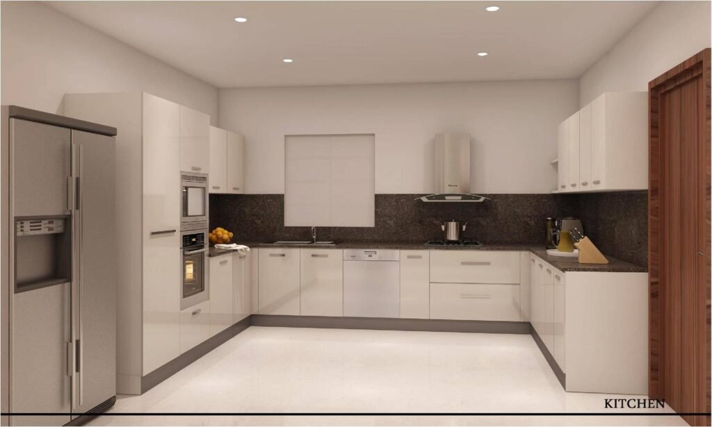 A spacious kitchen with sleek cabinets and a cooking area
