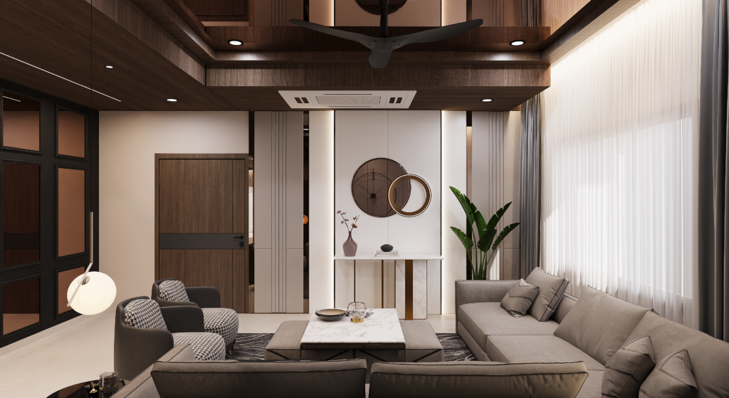 Living room interior design featuring a stylish console wall