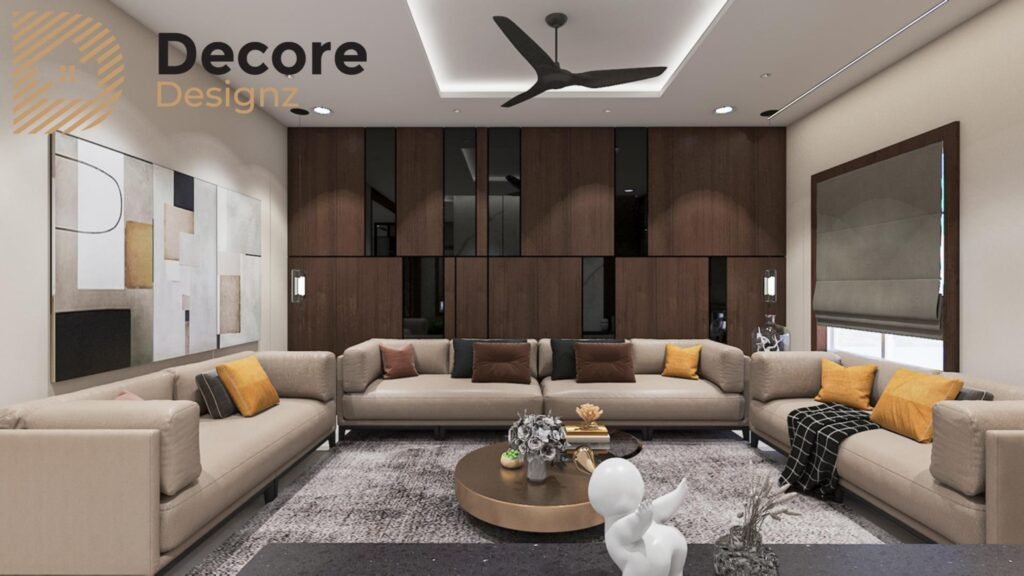 Living room interior design with modern wall panelling