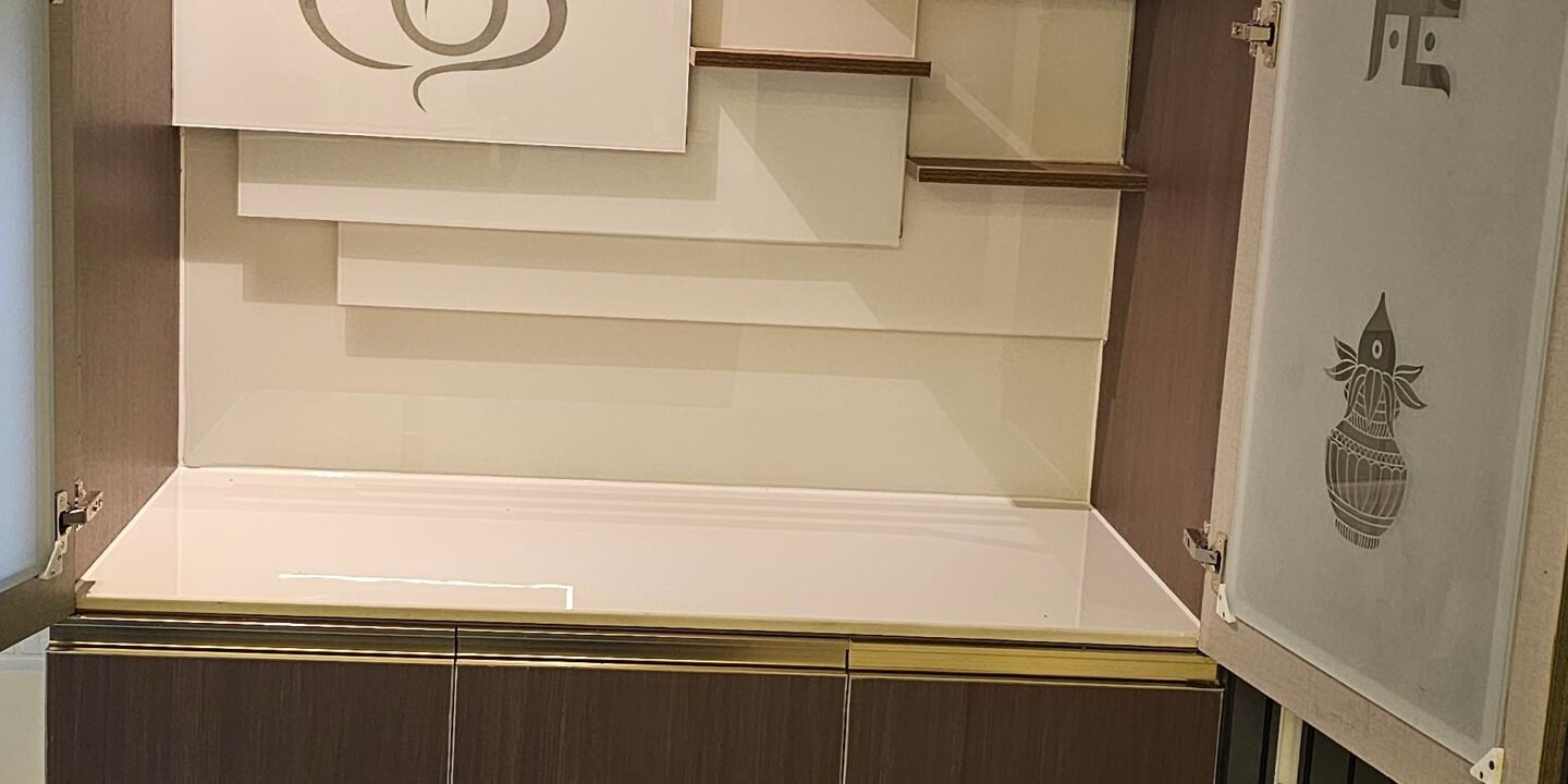 Modern pooja room interior designed by interior designers in Tukkuguda