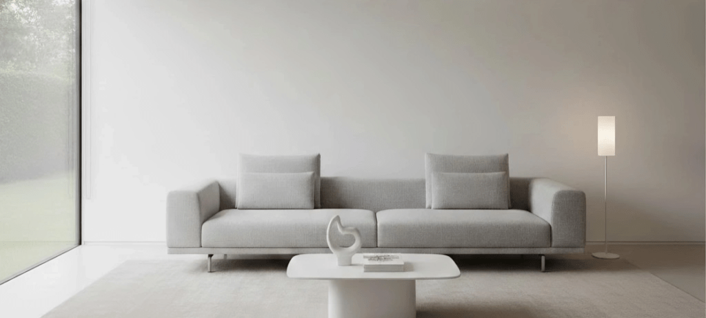 White living room interior with modern furniture and elegant contemporary décor.