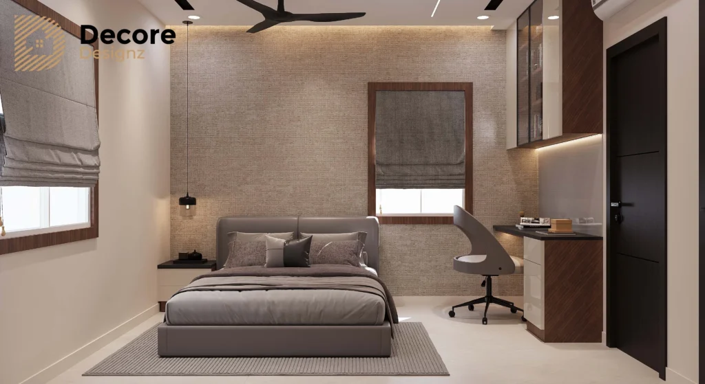 3 BHK modern bedroom interior with custom study unit and neutral color palette