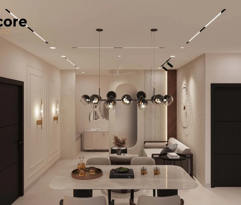 Luxury living room and dining area interior design by decore designz