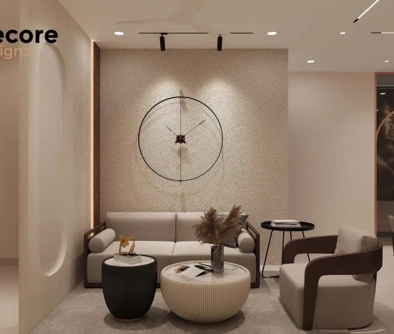 3BHK flat interior with a modern living room, decorative wall clock, cozy seating area, and dining space