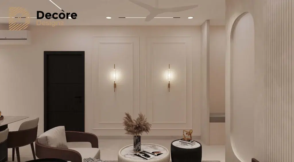 3bhk flat modern living room with acent chairs , round coffee tables and decorative arched wall niche