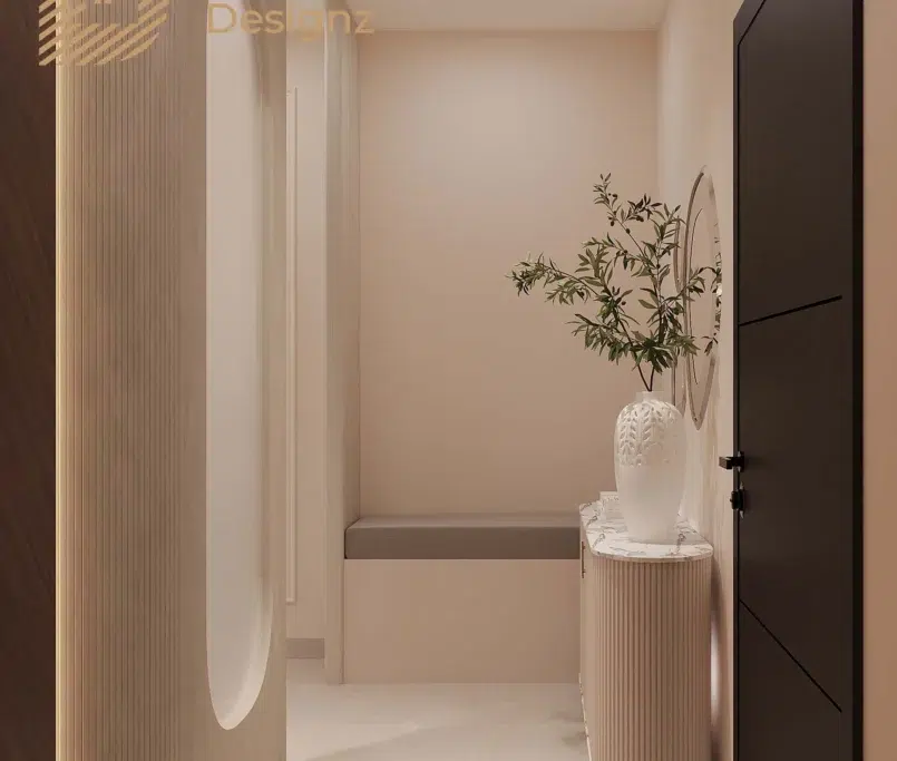 3BHK flat interior with a minimalist console table, decorative mirrors, and contemporary interior design