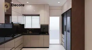 3 BHK modern kitchen featuring built-in cupboards, storage units, and a stylish contemporary design.