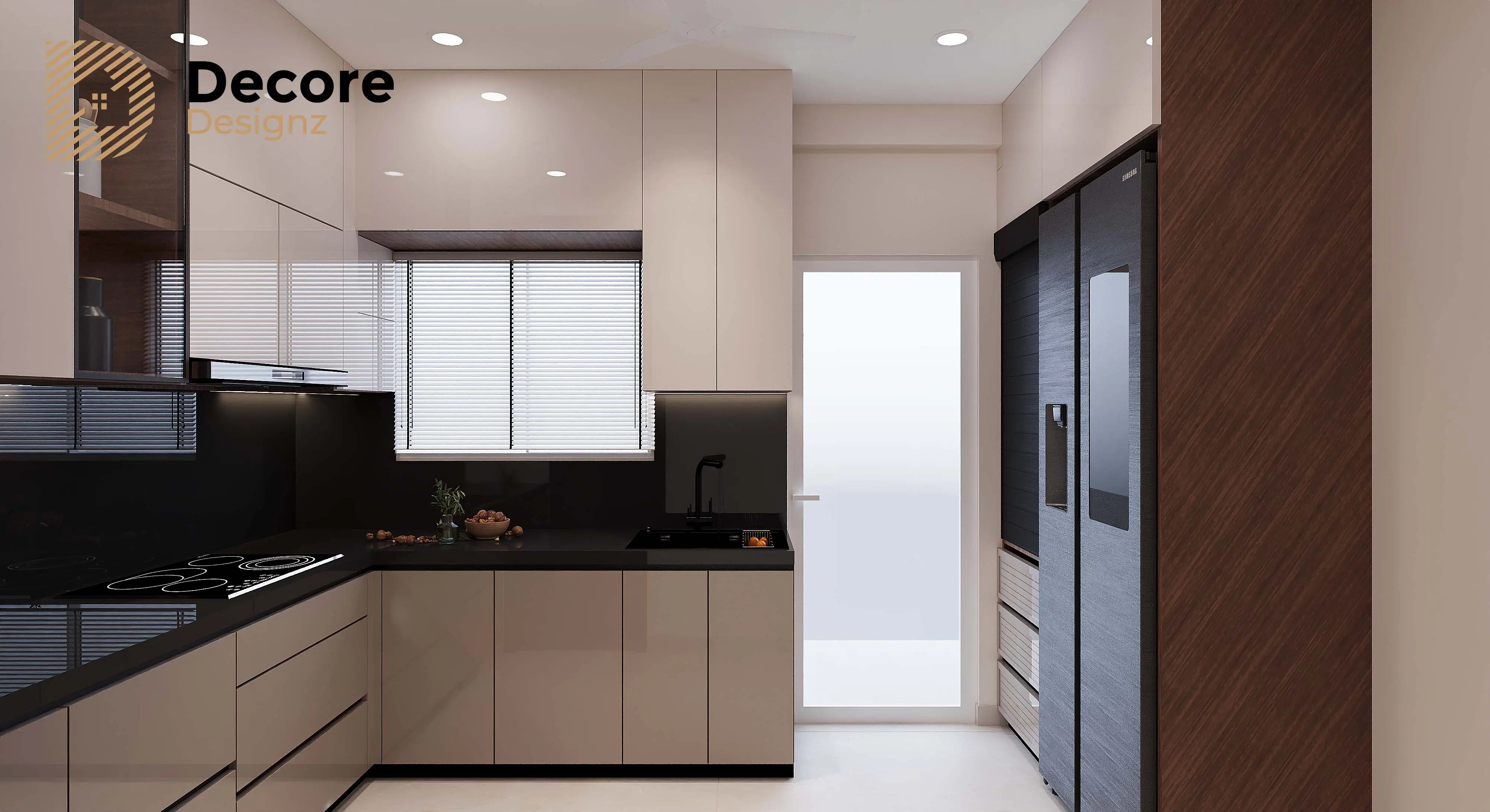 3 BHK modern kitchen featuring built-in cupboards, storage units, and a stylish contemporary design.