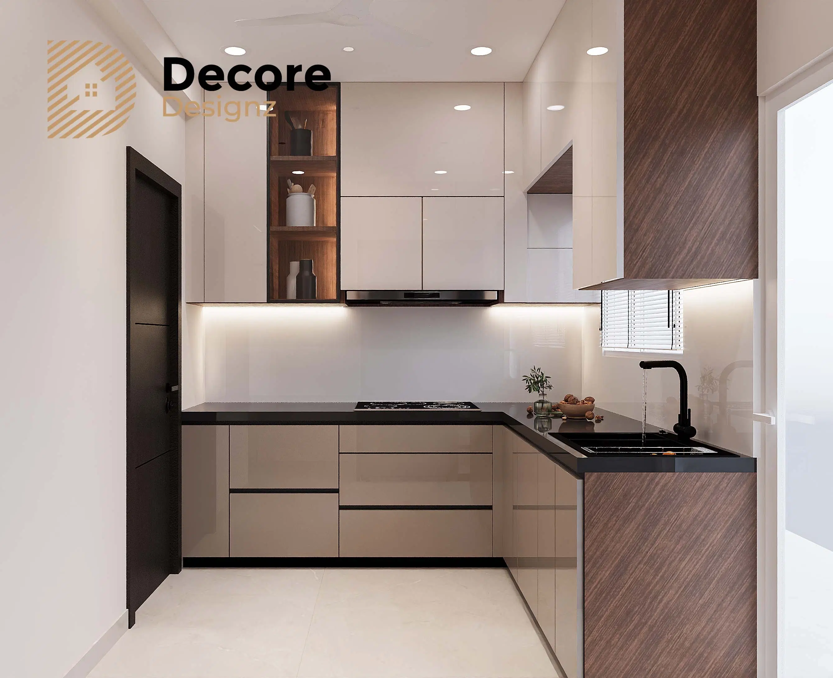Modern kitchen with built-in cupboards, storage units, and sleek contemporary cabinetry.