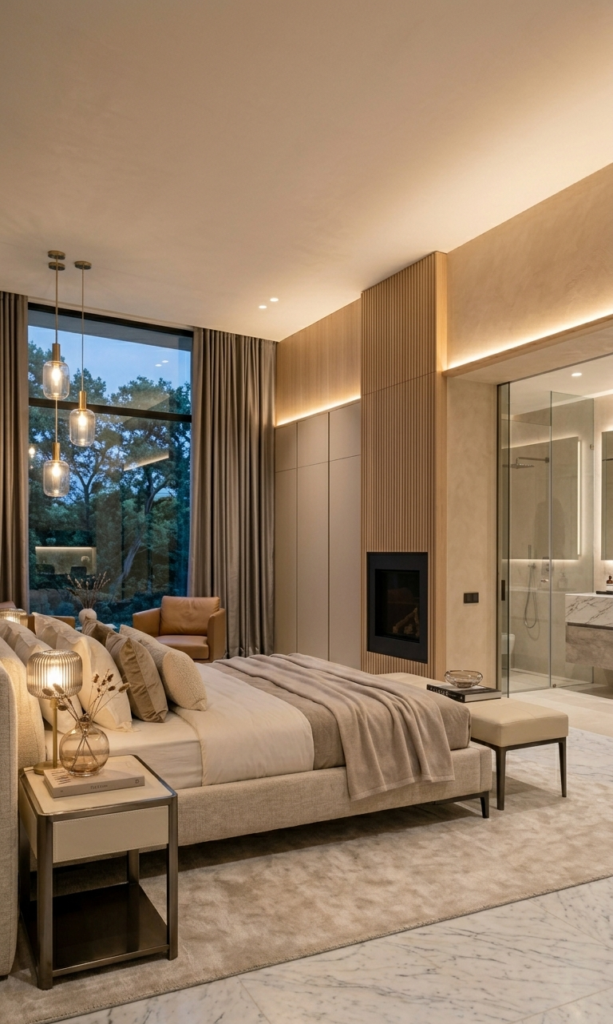 modern bedroom with floor-to-ceileing glass windows and contemporary interior design