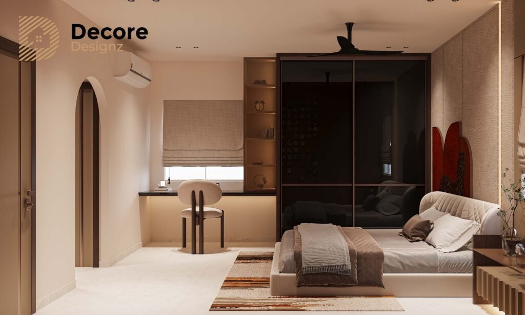 Luxury Bedroom Interior Design in Hyderabad: A Warm, Modern Master Bedroom 1 Luxury modern master bedroom interior with warm beige tones, dark reflective wardrobe, upholstered bed, study desk, and ambient lighting.