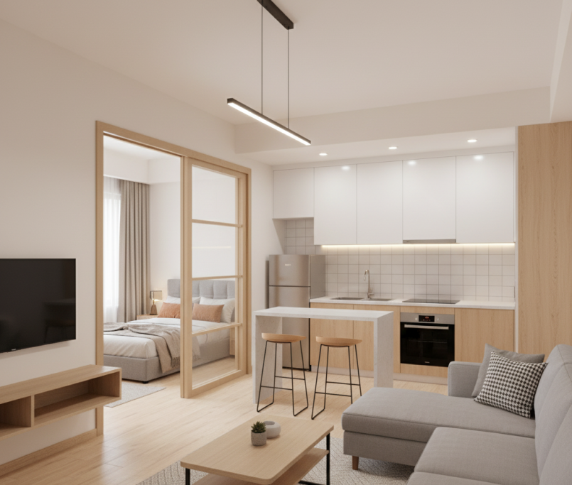 Modern sofa with bedroom view and contemporary interior design.